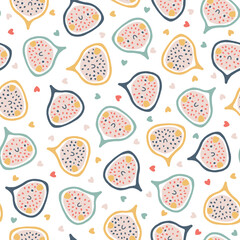 Fig character seamless pattern with smiley face fruit on a polka dot in hearts background. Hand-drawn cartoon doodle in simple naive style. Vector illustrations in a pastel palette for kids