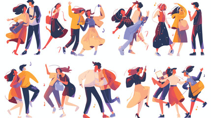Diverse tiny people dancing and listening music wit - obrazy, fototapety, plakaty