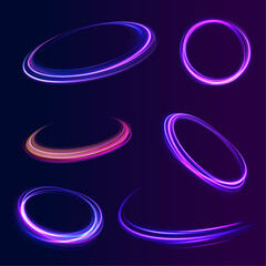 Set of neon blurry light circles at motion. Curve blue line light effect. Abstract ring background with glowing swirling background. Energy flow tunnel. Blue portal, platform.	