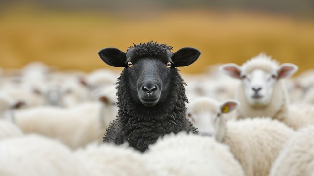A black sheep among a flock of white sheep, Concept of standing out from the crowd.