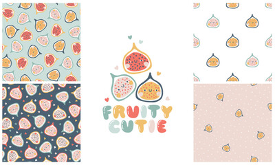Fig character with smiley face funny inscription. Fruity cutie. A set with a seamless pattern collection in polka dots. Hand-drawn cartoon doodle in simple naive style. Vector illustrations in pastel.