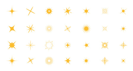 Stars Sparkles sign symbol big set. Yellow golden color. Decoration twinkle sparkle element. Cute shape collection. Shining effect. Flat design. White background. Isolated. Vector illustration
