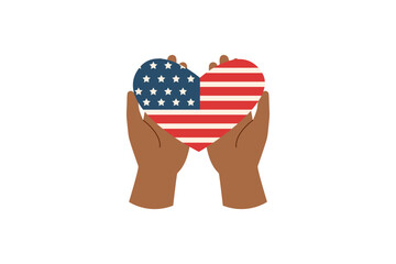 Hands holding american flag in the shape of heart. Vector flat illustration. Memorial day and Independence day concept.
