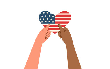 Hands holding american flag in the shape of heart. Vector flat illustration. Memorial day and Independence day concept.