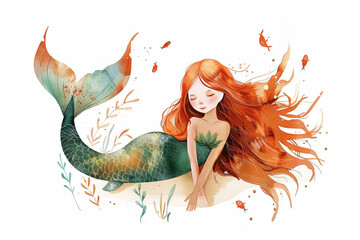 Cute little mermaid isolated on white background. Watercolor illustration. AI generative