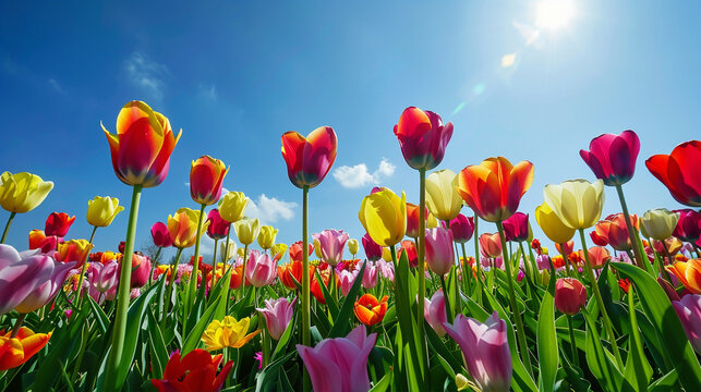 Vibrant Tulip Field in Spring, A vibrant field of tulips under a clear blue sky, showcasing the bright colors of spring