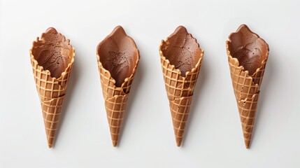 Four chocolate ice cream cones in a row on a white background