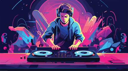 DJ playing vinyl on the neon color light background