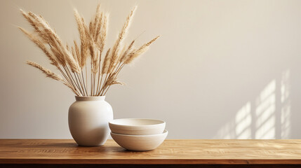 Fototapeta na wymiar An artfully arranged wooden table adorned with a white ceramic vase brimming with dried spikelets, adding natural charm to the contemporary interior space.