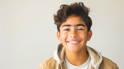 Fashion Portrait of Latino Teen Male in Light Grey, Detailed View