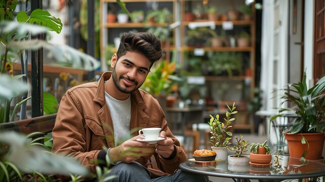Handsome Multiethnic Man Sitting on a Terrace in a Cafe, Having a Cup of Coffee with Pastry. Happy Indian Man Connecting with Friends Online, Replying to Social Media Posts. copy space for text.