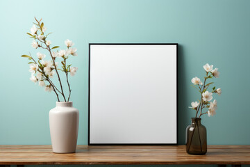 Photo frame mockup in a minimal room with an aquamarine wall with a vase of flowers on the table. Place for text