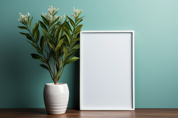 Photo frame mockup in a minimal room with an aquamarine wall with a vase of flowers on the table. Place for text