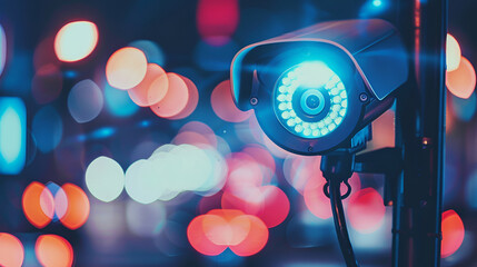 Close-up of a security camera with a bokeh light backdrop symbolizing surveillance and monitoring, CCTV security camera in operation theater or movie theater with lighting equipment.
