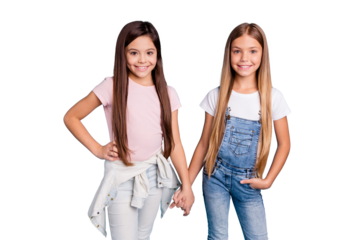 Portrait of two people nice cute lovely sweet charming dreamy attractive cheerful cheery straight-haired pre-teen girls siblings holding hands isolated over blue pastel background