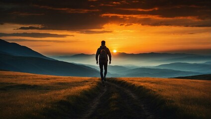 A lone traveler walks a trail amidst rolling hills under a stunning sunset, exuding a sense of adventure and tranquility in the landscape