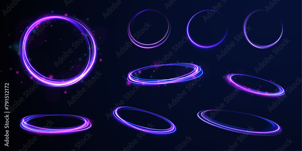 Poster set of neon blurry light circles at motion. neon light circle of speed in the form of a round whirlp