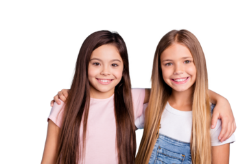Close-up portrait of nice cute lovely sweet tender charming dreamy attractive cheerful straight-haired pre-teen siblings spending time together isolated over blue turquoise background