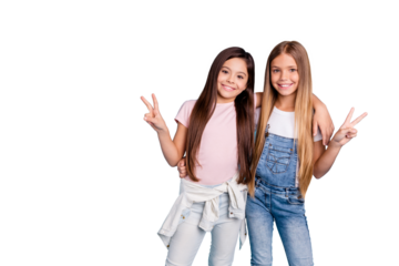Portrait of two people nice cute lovable lovely sweet charming dreamy attractive cheerful straight-haired pre-teen girls siblings showing v-sign isolated on blue turquoise background