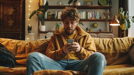 Obraz premium Happy Handsome Caucasian Man Using Smartphone in Cozy Living Room at Home. Man Resting on Comfortable Sofa. He's Browsing the Internet. copy space for text.