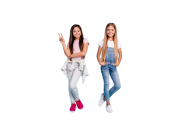 Full length body size view portrait of two people nice lovely charming attractive cheerful straight-haired pre-teen girls siblings showing v-sign isolated on blue turquoise background