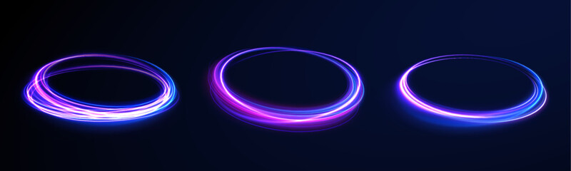 Set of glowing neon lighting isolated on background with copy space. Energy flow tunnel. Blue portal, platform.	