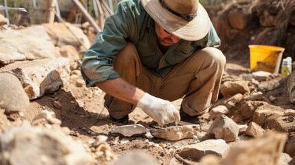 Archaeologist during his work. Artifact search site, excavation site