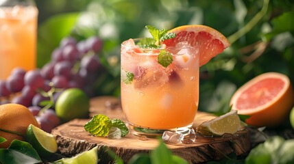Cocktail, featuring grapes, lime juice, ginger beer, dark brown rum, ice cubes, mint leaves, and grapefruit with its glass on top of a wooden board. creating a vibrant atmosphere. 