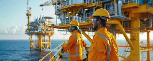 Engineers in protective gear standing on an offshore oil platform with lighting in the background.