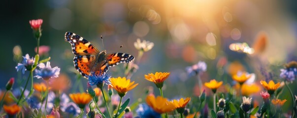 Bright meadow with different blooming flowers and butterfly