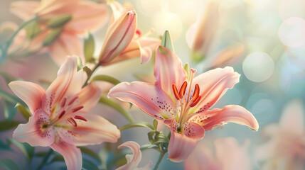 elegant blooming lilies with delicate buds showcasing the intricate details of their petals and the vibrant colors of their blossoms captured in soft natural light.