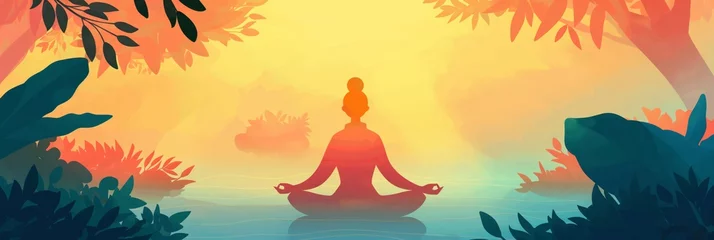Poster Peaceful illustration of a meditating figure amidst a calming sunset landscape with lush flora © gunzexx