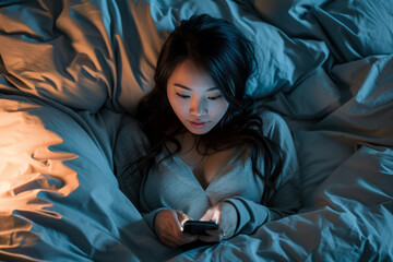 Young asian woman lay on her bed looking at her phone. AI genera - obrazy, fototapety, plakaty
