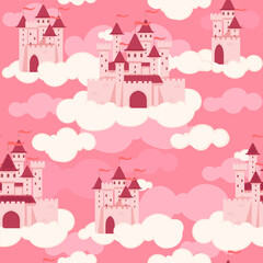 Seamless pattern of fantasy medieval stone castle with towers and gate floating in the sky on white cloud vector illustration on white background - 791513779