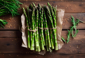 Bouquet d'asperges sur une table en bois