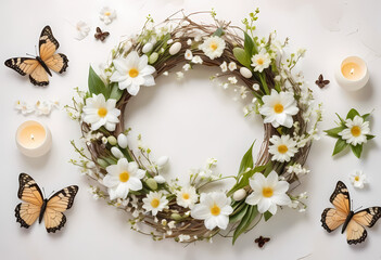 Generative AI illustration of easter wreath with flowers, eggs and butterflies on light background