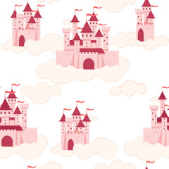 Seamless pattern of fantasy medieval stone castle with towers and gate floating in the sky on white cloud vector illustration on white background - 791514186