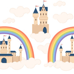 Seamless pattern fantasy medieval stone castle with towers gate flying in the sky on white cloud with rainbow vector illustration on white background - 791514374