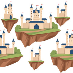 Seamless pattern of fantasy medieval stone castle with towers gate floating in the sky on big piece of ground vector illustration on white background - 791514502