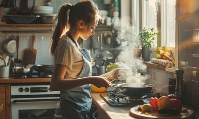 woman is focused on cooking in a sunlit homely kitchen, preparing vegetables on a wooden countertop amid rustic decor.