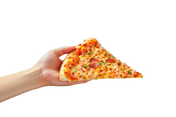 Woman's hand holding a piece of pizza Margarita isolated on a cutout PNG transparent background