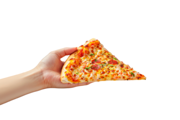 Woman's hand holding a piece of pizza Margarita isolated on a cutout PNG transparent background