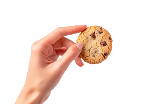 Woman's hand holding a cookie with chocolate chips isolated on a clipped PNG transparent background