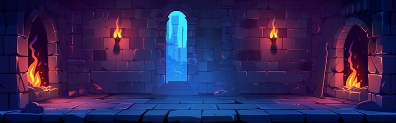 Mystical castle interior. The vibrant illustration depicts a dungeon passage with stone walls, glowing torches, and a gateway to a magical realm. - obrazy, fototapety, plakaty
