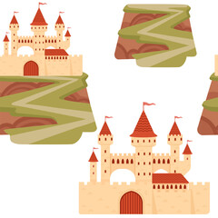 Seamless pattern of fantasy medieval stone castle with towers gate standing on a high mountain vector illustration on white background - 791515137