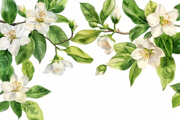 watercolor of jasmine clipart featuring delicate white flowers and green leaves. flowers frame,botanical border. ai generated - obrazy, fototapety, plakaty