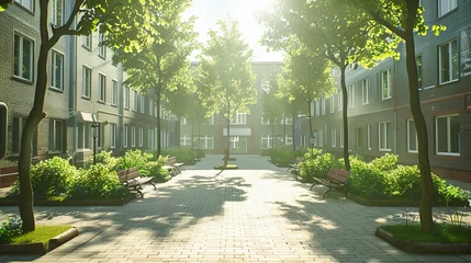 Abwaschbare Fototapete Green Residential Area with Modern Housing, Beautiful Gardens and Urban Design, Comfortable Living Space © Taslima