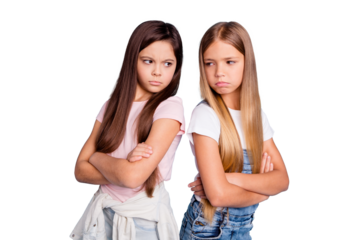 Portrait of two people nice cute lovely attractive sad mad offended gloomy straight-haired pre-teen girls standing back to back folded arms isolated over blue pastel background