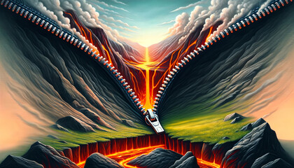 Obraz premium A painting of a mountain range with a lava flow and a car driving through it