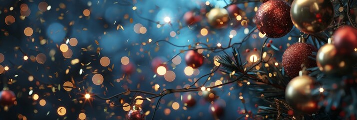 An ornate Christmas tree decorated with sparkling red baubles and bright lights conveying joy and festive spirit - obrazy, fototapety, plakaty